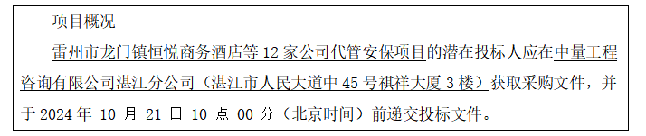 雷州市龙门镇恒悦商务酒店等12家公司代管安保项目采购公告(图1)